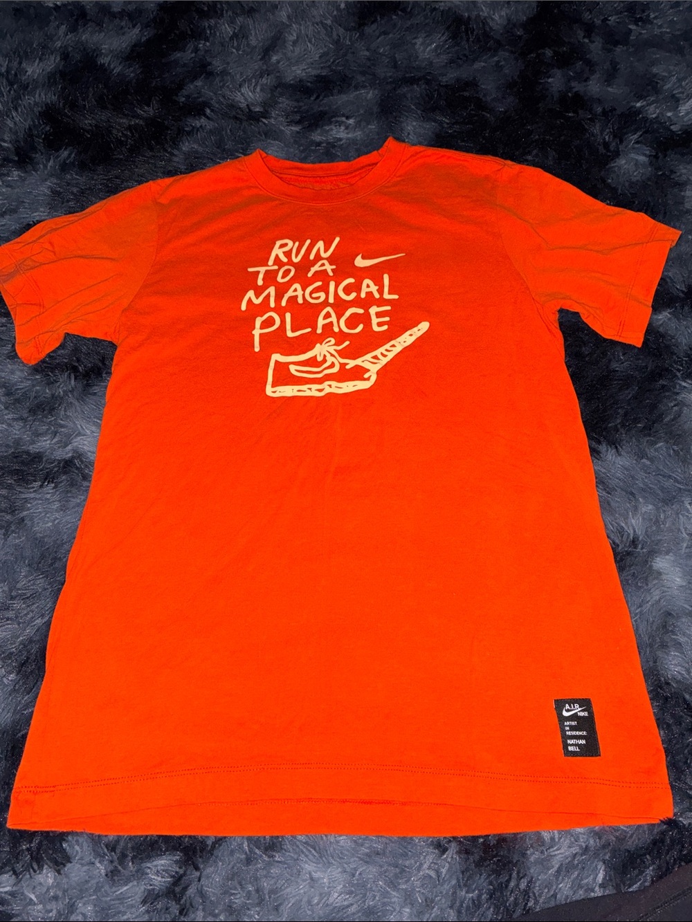 Nike Orange 'Run to a Magical Place' Nathan Bell Men's Dri FIT T-Shirt men’s SM